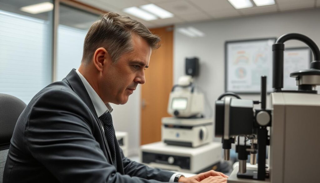 Experienced polygraph analyst conducting a test Experienced polygraph analyst conducting a test